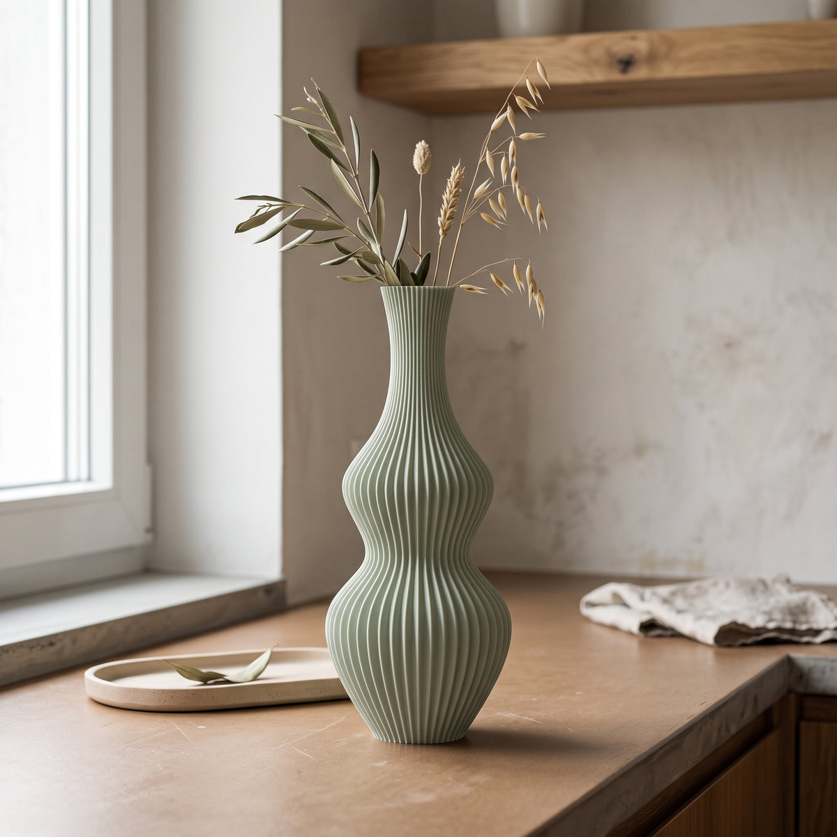 Oriel - Golvende Geribbelde Sculpturale Vaas — sfeer (salie)