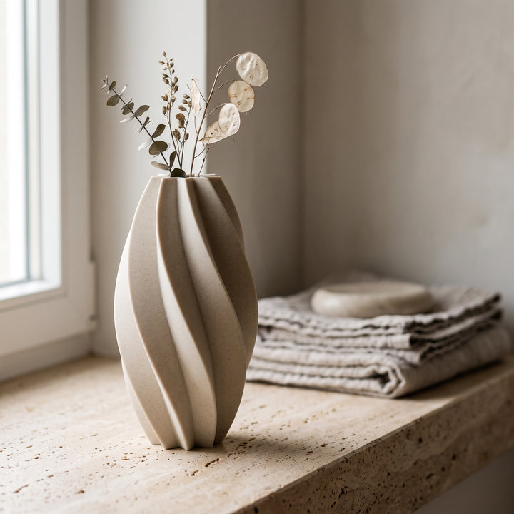 Ceris - Spiraalvormige Geribbelde Sculpturale Vaas — sfeer (creme)