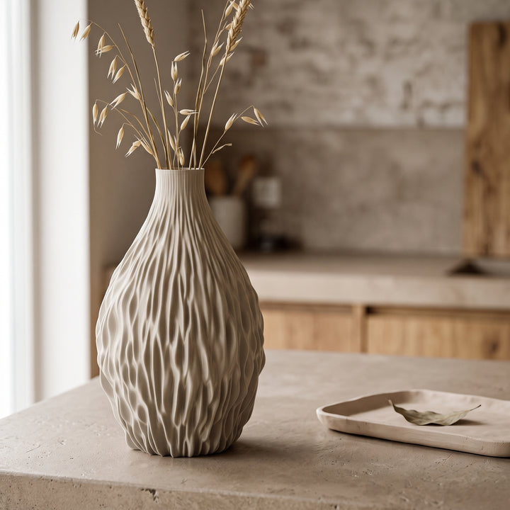 Noor - Geribbelde Organische Sculpturale Vaas — sfeer (creme)