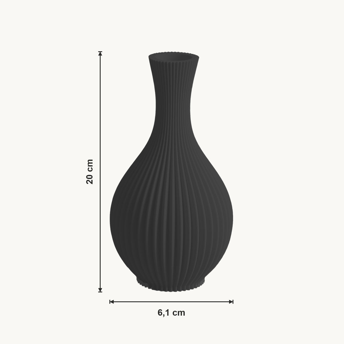 Caden - Geribbelde Taps Toelopende Moderne Vaas — maat (zwart-20cm)